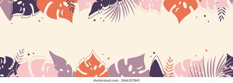 Vector seamless border with tropical plants. Natural frieze with bushes of greenery isolated from the background.