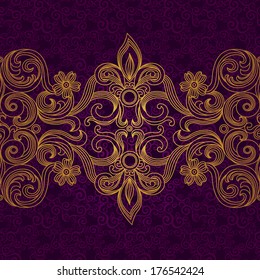 Vector seamless border in Victorian style. Element for design. Place for your text. Gold pattern. It can be used for decorating of wedding invitations, greeting cards, decoration for bags and clothes.