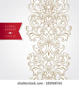 Vector seamless border in Victorian style with red label. Ornate element for design. Ornamental pattern for wedding invitations, greeting cards, decoration for bags and clothes. Traditional decor.