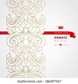 Vector seamless border in Victorian style with hipsters label. Ornate element for design. Place for text. Ornamental pattern for wedding invitations, greeting cards. Traditional decor.