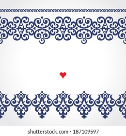 Vector seamless border in Victorian style. Ornate element for design. Place for text. Contrast ornamental pattern for wedding invitations and greeting cards. Traditional floral decor.