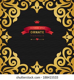 Vector seamless border in Victorian style with hipsters label. Ornate element. Place for text. Golden ornamental pattern for wedding invitations, greeting cards. Traditional floral decor for cover.