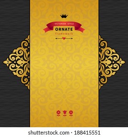 Vector seamless border in Victorian style with hipsters label. Ornate element. Place for text. Golden ornamental pattern for wedding invitations, greeting cards. Traditional floral decor for cover.