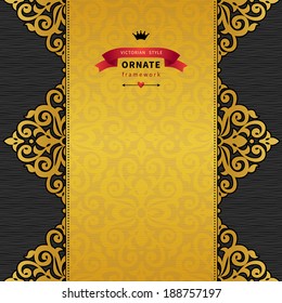 Vector seamless border in Victorian style with hipsters label. Ornate element. Place for text. Golden ornamental pattern for wedding invitations, greeting cards. Traditional floral decor for cover.