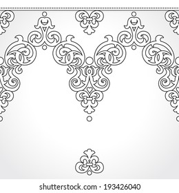 Vector seamless border in Victorian style. Ornate element for design and place for text. Ornamental pattern for wedding invitations, greeting cards. Lacy traditional decor. 