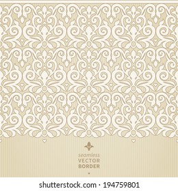 Vector seamless border in Victorian style. Element for design. Ornamental backdrop. Light lace background. Ornate floral decor for wallpaper. Endless texture. Monochrome pattern fill.