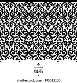 Vector seamless border in Victorian style. Element for design. Ornamental backdrop. Contrast lace background. Ornate floral decor for wallpaper. Endless texture. Monochrome pattern fill.