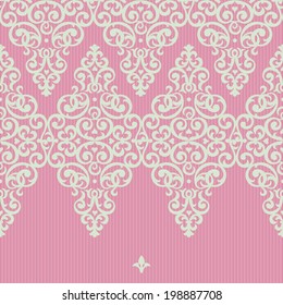 Vector seamless border in Victorian style. Element for design and ornamental backdrop. Light lace background. Ornate floral decor for frieze. Endless texture. Bright pink pattern fill.
