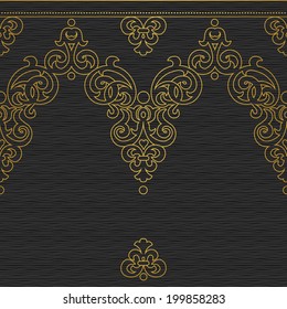 Vector seamless border in Victorian style. Golden element for design and ornamental backdrop. Dark lace background. Ornate floral decor for wallpaper. Endless texture. Monochrome pattern fill.