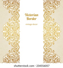 Vector seamless border in Victorian style. Vintage element for design, place for text. Ornamental floral pattern for wedding invitations, greeting cards. Traditional golden decor on light background.