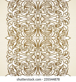 Vector seamless border in Victorian style. Vintage element for design. Ornamental floral pattern for wedding invitations and greeting cards. Traditional brown decor on light background.