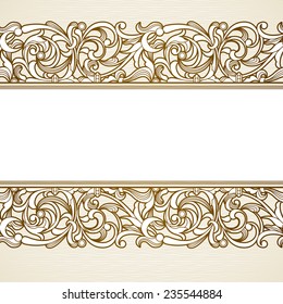 Vector seamless border in Victorian style. Vintage element for design, place for text. Ornamental floral pattern for wedding invitations, greeting cards. Traditional brown decor on light background.