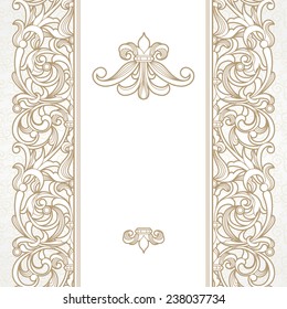 Vector seamless border in Victorian style. Vintage element for design, place for text. Ornamental floral pattern for wedding invitations, greeting cards. Traditional beige decor on light background.