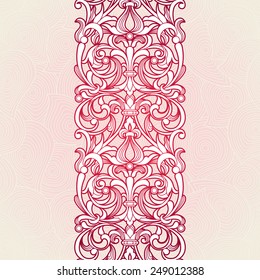 Vector seamless border in Victorian style. Vintage element for design, place for text. Ornamental floral pattern for wedding invitations, greeting cards. Traditional red decor on pink background.