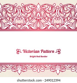 Vector seamless border in Victorian style. Vintage element for design, place for text. Ornamental floral pattern for wedding invitations, greeting cards. Traditional red decor on pink background.