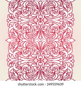 Vector seamless border in Victorian style. Vintage element for design, place for text. Ornamental floral pattern for wedding invitations, greeting cards. Traditional red decor on pink background.