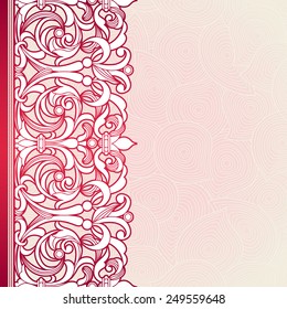 Vector seamless border in Victorian style. Vintage element for design, place for text. Ornamental floral pattern for wedding invitations, greeting cards. Traditional red decor on pink background.