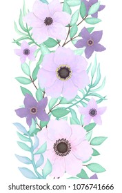 Vector Seamless Border of Violet Flowers and Light Blue Leaves in Watercolor Style