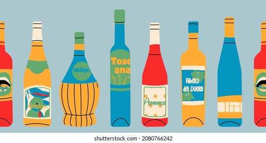 Vector seamless border with wine bottles. Repeating elements for prints. Ideal for bar or restaurant menu design.