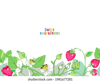 Borde transparente vectorial, corona de frambuesas con hojas, flores y ramas. Ilustración brillante de verano sobre un fondo transparente. Diseño de postales, tarjetas de visita y vacaciones para niños.