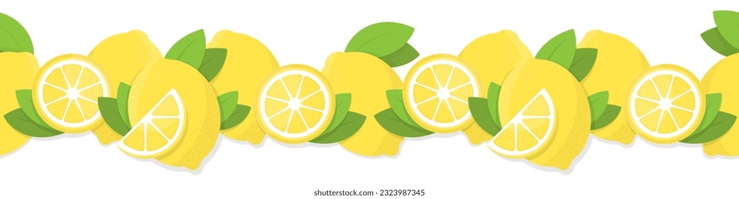 Vector seamless border with yellow lemons and green leaves on white background.