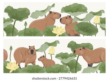 Vector seamless borders with cute capybaras and lotus flowers. Tropical rodent Hydrochoerus hydrochaeris and baby pup in horizontal nature ribbons for decoration