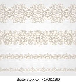 Vector seamless borders in east style. Element for design and ornamental decor. Light lacy background. Ornate floral decor and pattern for wedding invitations and greeting cards.