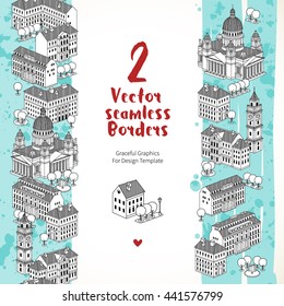 Vector seamless borders with houses, trees and fountain. Black and white graphics of Old Town. Decor for design template, invitation, card, certificate, booklet, leaflet, web page design, town map.