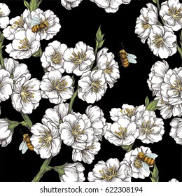 Vector seamless botanical pattern with blossom almond branches and bee. Spring vintage texture with white flowers of apple or cherry flowers and insect. Hand drawn illustration of sakura.