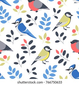 Vector seamless botanical pattern with blue jay, titmouse and bullfinch birds.