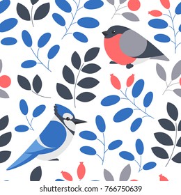 Vector seamless botanical pattern with blue jay and bullfinch birds.