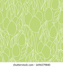 Vector seamless botanical pattern with branches of avocado tree. Linear minimalistic floral pattern on green background. Nature organic food. For vegan restaurant interior design, menu background. 