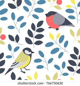 Vector seamless botanical pattern with bullfinch and titmouse birds.