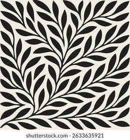 Vector seamless botanical pattern featuring bold black leafy branches on a light background. The organic shapes and flowing composition create a natural and elegant look