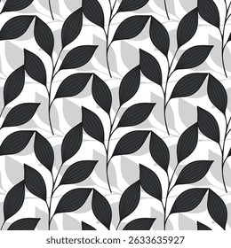 Vector seamless botanical pattern featuring bold black leafy branches on a light background. The organic shapes and flowing composition create a natural and elegant look