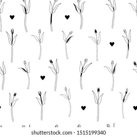 Vector seamless botanical pattern with hand drawn herbs and hearts isolated on white background. Endless texture. Wrapping paper,textile fabric print. Cover for planner, notebook. Black and white