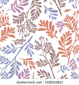 Vector seamless botanical pattern. Plain  meadow stalks, herbs and foliage. Herbarium illusion. Simple background for textile, fabric, wallpaper and surface,