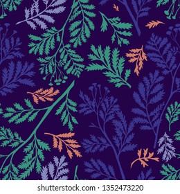 Vector seamless botanical pattern. Plane meadow stalks, herbs and foliage. Herbarium illusion. Simple background for textile, fabric, wallpaper and surface.