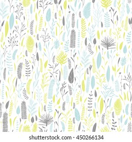 Vector seamless botanical pattern. Plant background. Branches, leaves, foliage doodles. Big collection of hand drawn elements.