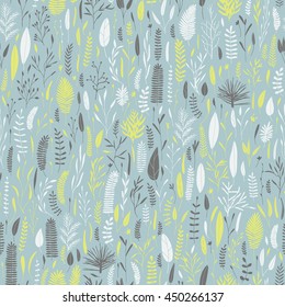 Vector seamless botanical pattern. Plant background. Branches, leaves, foliage doodles. Big collection of hand drawn elements.