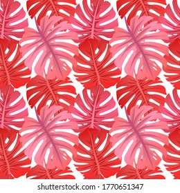 Vector seamless botanical pattern. Red and pink leaves of Monstera tree. Tropical hawaiian illustration