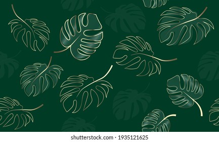 Vector Seamless Botanical, Tropical Gold Monstera Hand Drawn Leaves on a Green Background. Modern Monstera Leaves silhouettes background.Useful for wallpaper, wrapping paper, packaging, fabrics