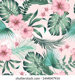 Vector Seamless Botanical Tropical Pattern With Flowers. Lush Foliage Floral Design With Monstera Leaves, Areca Palm Leaves, Fan Palm, Hibiscus Flower, Frangipani Flower. Modern Allover Background.