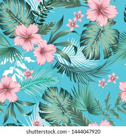 vector seamless botanical tropical pattern with flowers. Lush foliage floral design with monstera leaves, areca palm leaves, fan palm, hibiscus flower, frangipani flower. Modern allover background.