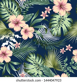 vector seamless botanical tropical pattern with flowers. Lush foliage floral design with monstera leaves, areca palm leaves, fan palm, hibiscus flower, frangipani flower. Modern allover background.