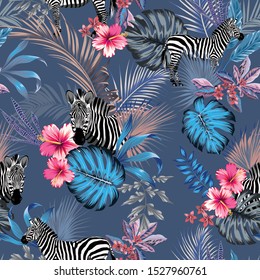 vector seamless botanical tropical pattern with black and white zebras. Animal and wildlife. Tropical leaves and flowers: hibiscus, frangipani, monstera, areca palm leaf, fan palm leaves. Evergreen.