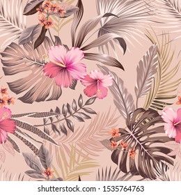 vector seamless botanical tropical pattern with flowers and leaves. Lush foliage with hibiscus, frangipani, monstera leaf, split leaf, areca palm leaves, fan palm. Exotic design in delicate colors.