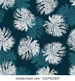 vector seamless bright artistic tropical pattern with palm leaves, philodendron leaf, modern colorful tropics background allover print, Tropical palm Seamless vector wallpaper on dark background.