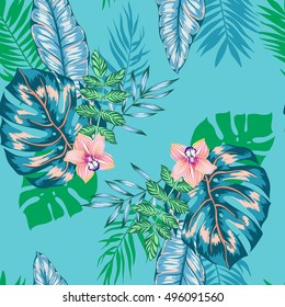 vector seamless bright artistic tropical pattern with palm leaves, philodendron leaf, monstera, orchid flower. modern colorful tropics background allover print
