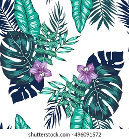 vector seamless bright artistic tropical pattern with palm leaves, philodendron leaf, monstera, orchid flower. modern colorful tropics background allover print